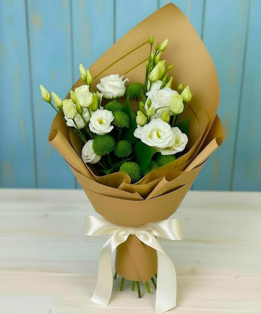 Букет цветов из: Хризантемы и Лизиантусы в Преградном