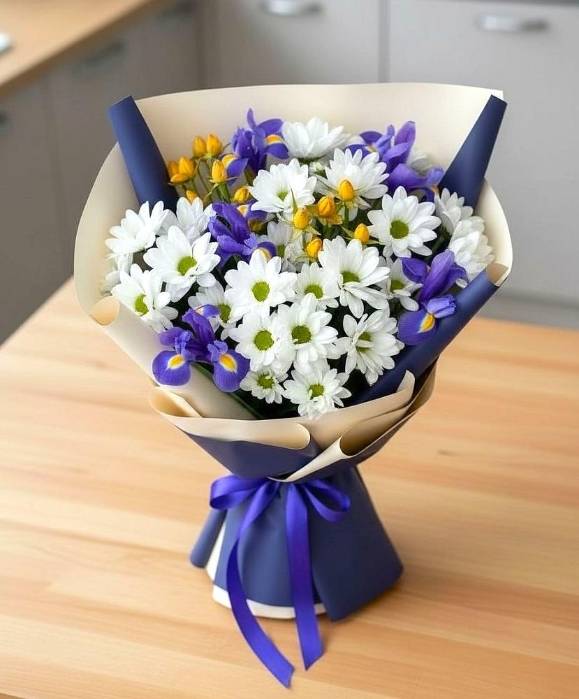 Букет цветов из: Розы, Ирисы и Хризантемы в Преградном